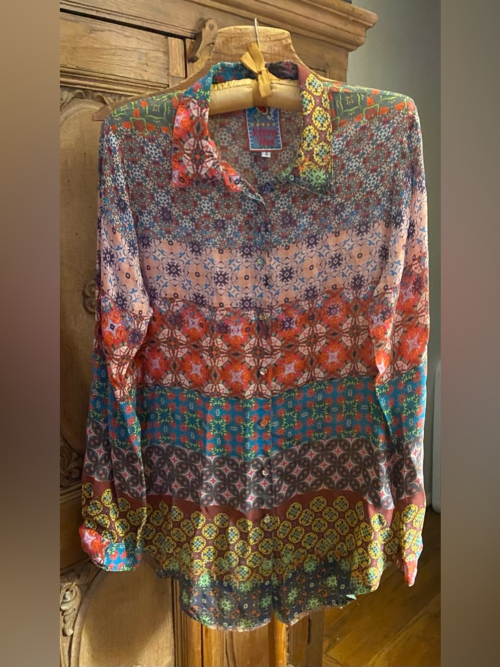 Johnny Was Silk Boho Multi-Color Printed Button-Up Blouse, Small